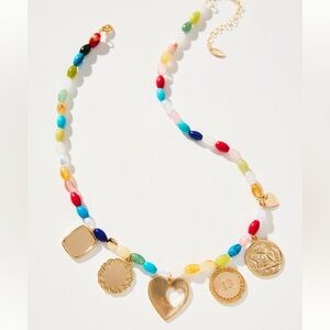 Anthropologie Multicolor Beaded Charm Necklace with Gold Heart Pendants